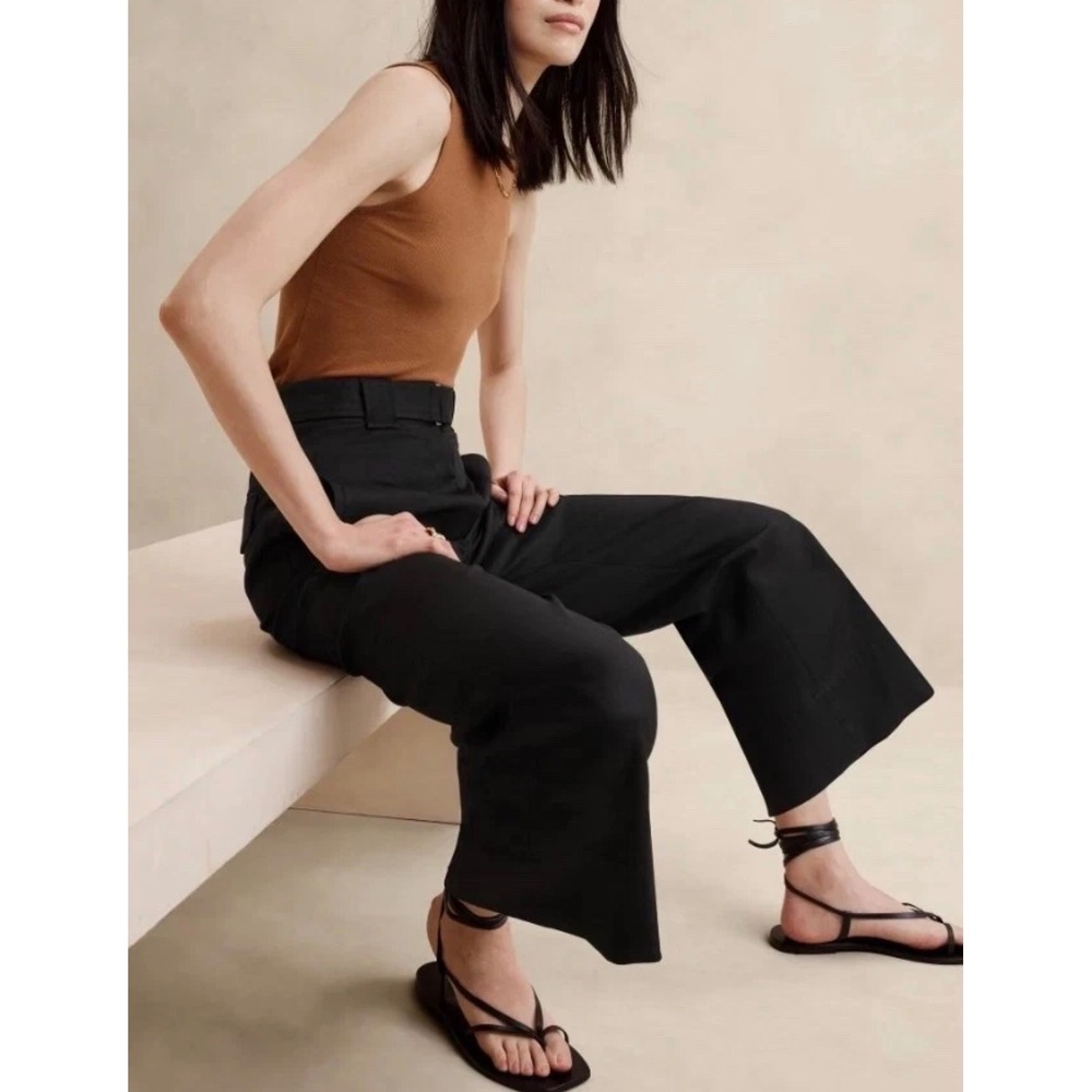 Banana Republic Oceanside Wide Leg Cropped Pants Womens 8 Black High Rise Belted
